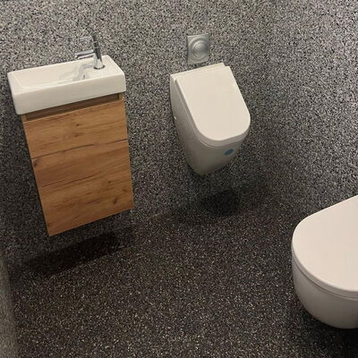 Gäste-WC mit dunklem Steinteppich an Wand und Boden
